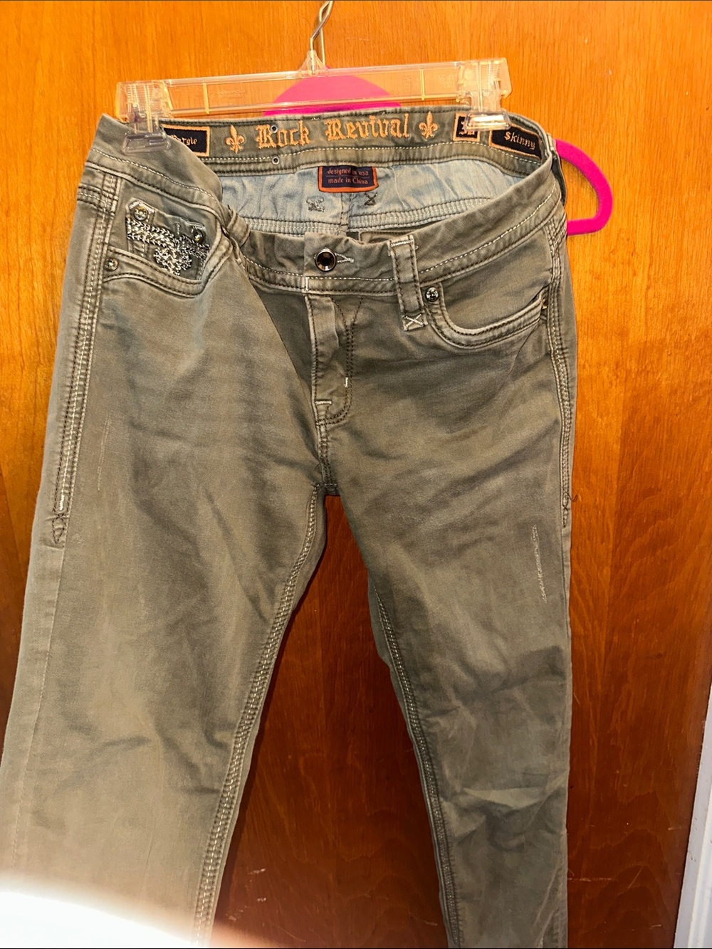 Rock Revival Olive Gray Skinny Jeans with Embellished Pockets